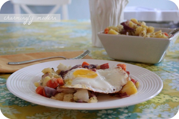fried egg and root vegetable hash